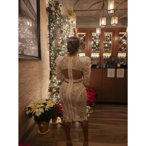 BRONX AND BANCO MADELEINE DRESS White Lace Bridal Wedding Puff Sleeve Illusion L - Picture 12 of 16